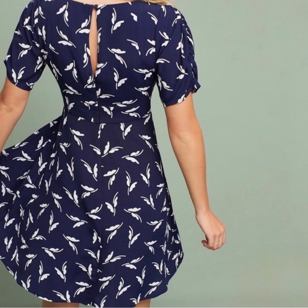 Maeve Navy and White Leaf Print Mini Dress - Picture 2 of 2